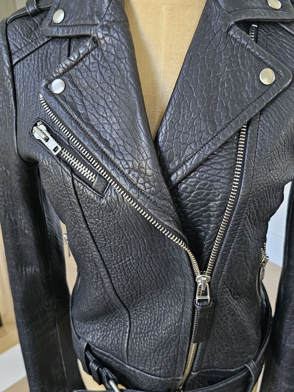 Mackage  Black Leather Biker Jacket Zipper Buckle Studded Womens XS